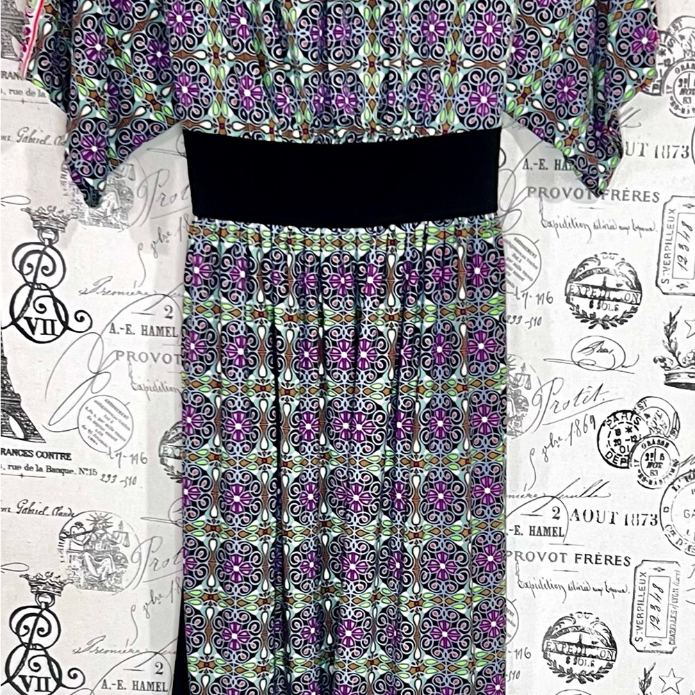 Maggy London Floral Geometric Blouson Dress Size 12 Black Waist Tie Lined - Picture 5 of 11